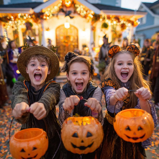 Children in Halloween costumes with pumpkin treat buckets