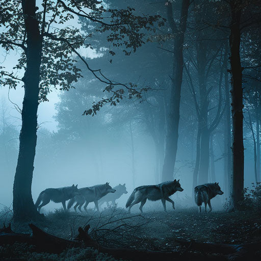Pack of wolves in a foggy forest