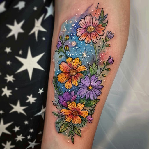 Wildflower tattoo with galaxy, cosmic colors