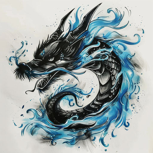 Bold flat tattoo sketch with black dragon breathing blue flames