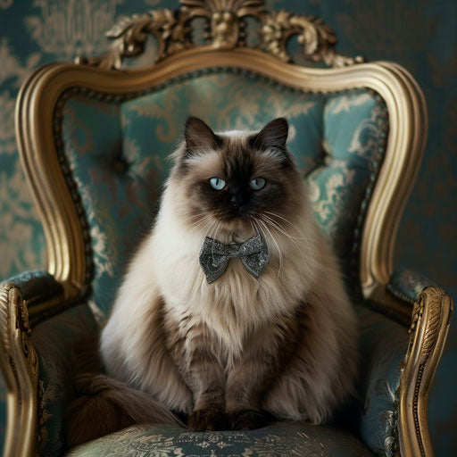 Himalayan cat with a bow tie sitting on a classic armchair