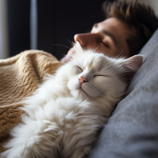 White cat sleeping on a couch with its owner