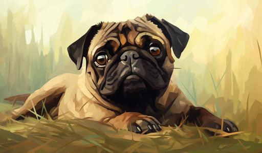 A pug lying in a field with a long tail