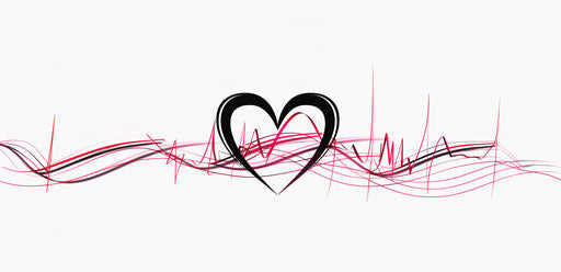 Love in black with red outline, heart beat pattern.