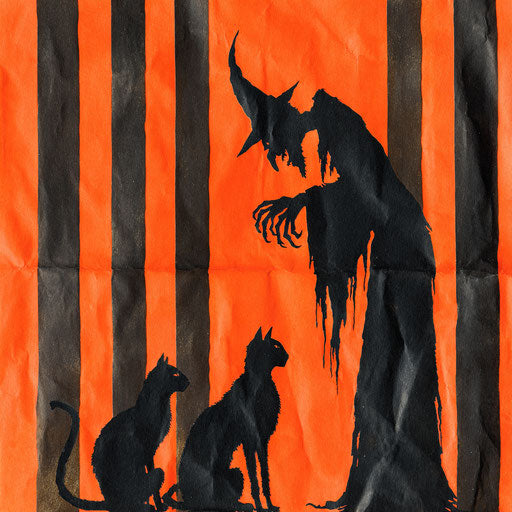 Halloween-themed graphic with witch and cats