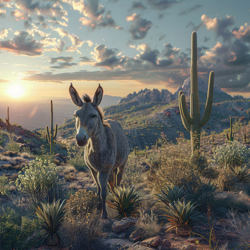 Camelback Mountain, donkey, sunrise, cactus, detailed, realistic