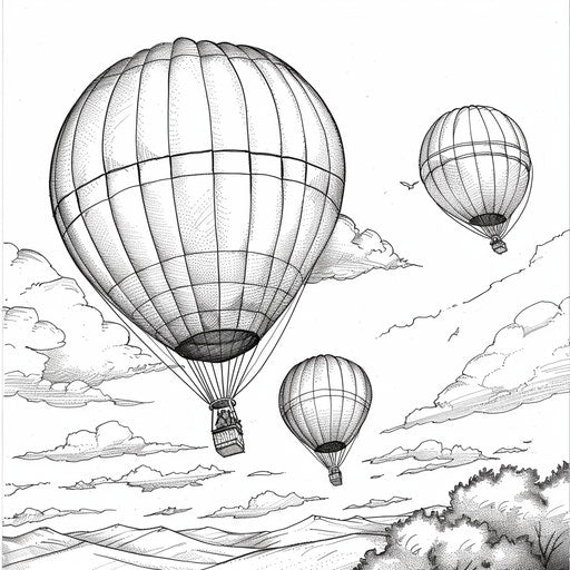 Teens flying hot air balloons, in the style of Stephen Wiltshire, Coloring book page