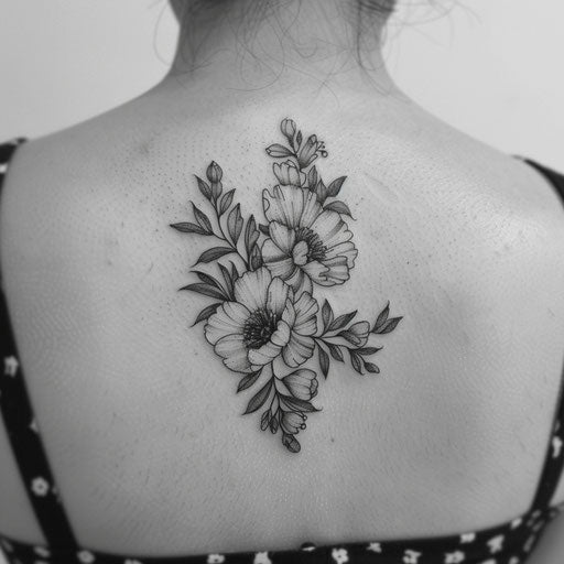 Blackwork floral tattoo with striking contrast on white backdrop