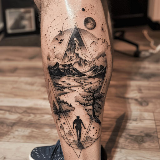 Men's tattoo with surreal landscape