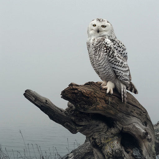 Spotted white owl on driftwood by misty coastline