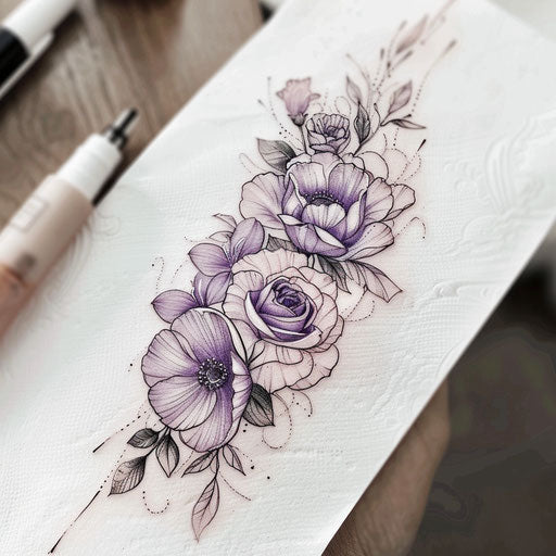 Elegant floral flat tattoo sketch of a neda tattoo with delicate rose and violet hues