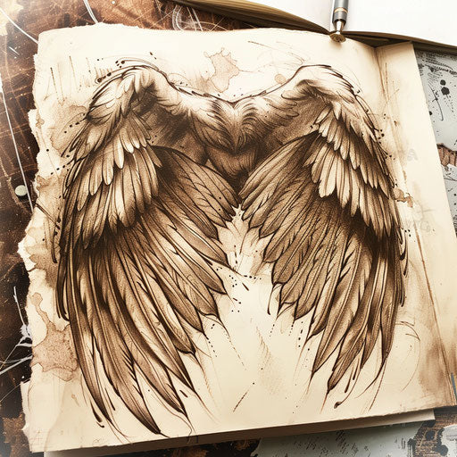 Detailed vintage-style eagle wings tattoo sketch in sepia tones, on a white surface.