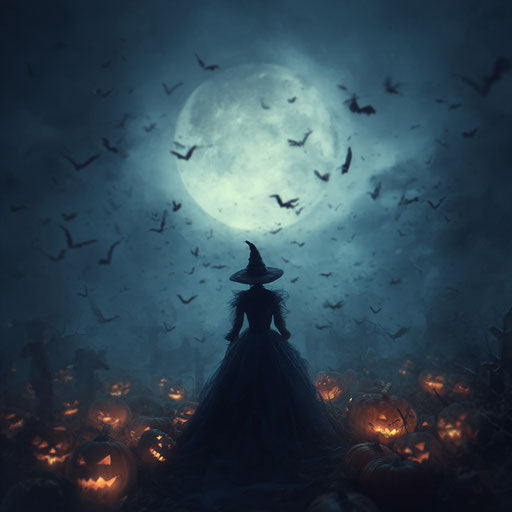 A witch before a full moon in a Halloween scene