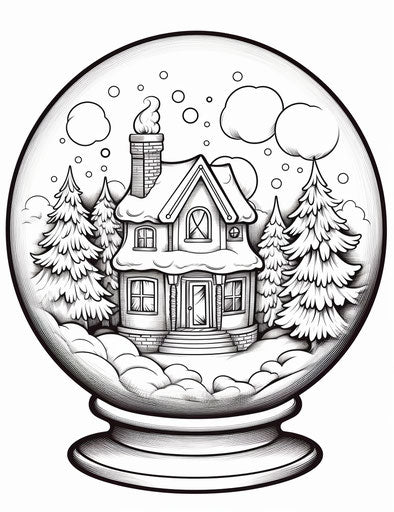 Snow globe coloring page, captivating style, scrapbook