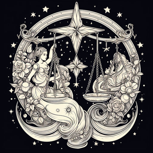 The constellation of Libra in front of a moon and two planets on its weight