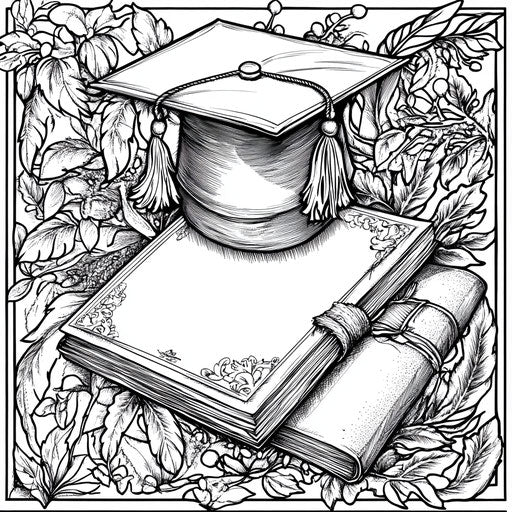 Graduation cap and diploma in the style of Teagan White Coloring book page
