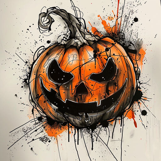 Edgy tattoo sketch of a pumpkin with graffiti splatters