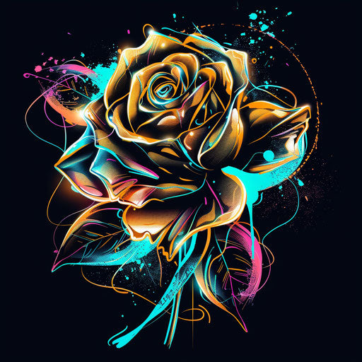 Modern tattoo sketch of an amber rose with abstract elements and splashes of neon colors against a flat black background