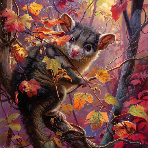 Mountain pygmy possum forages for food among autumn leaves