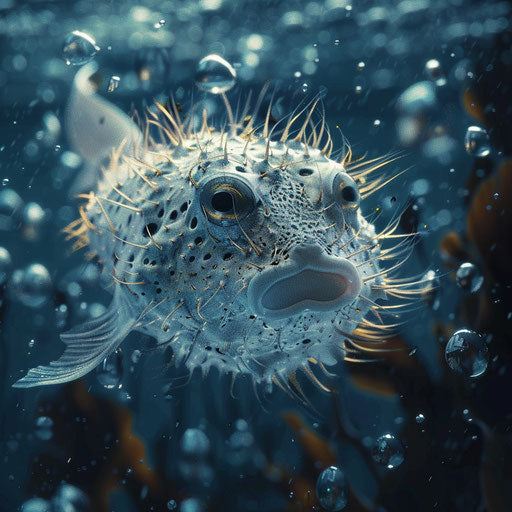 Puffer fish gliding in the twilight zone of the ocean