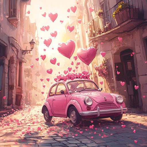 Pink car with heart balloons in urban street