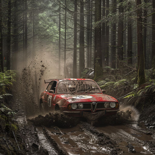 Vintage Alfa Romeo Alfasud rally car covered in mud racing through dense forest rally stage