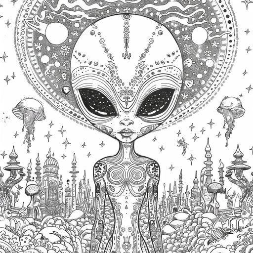 Alien with intricate patterns, hidden creatures in Johanna Basford style, Detailed and whimsical, Coloring book page