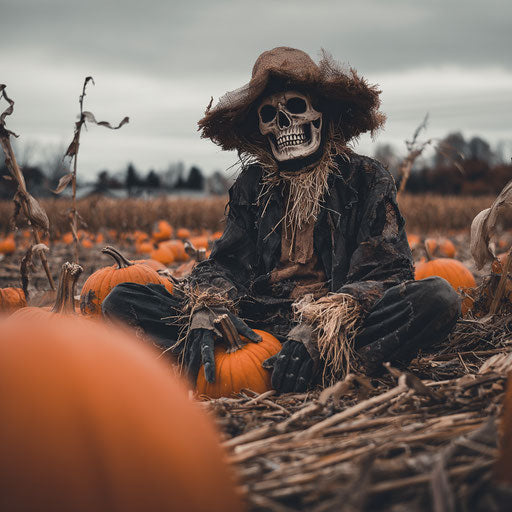 A Scarecrow with a Skeleton Head in a Pumpkin Field