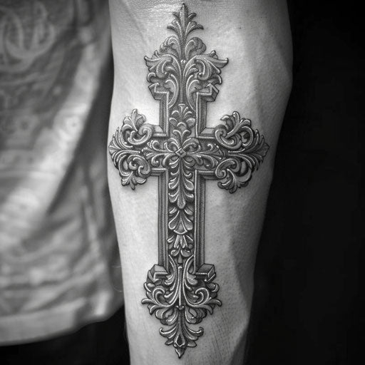 Realistic black and gray cross tattoo for men with intricate shading