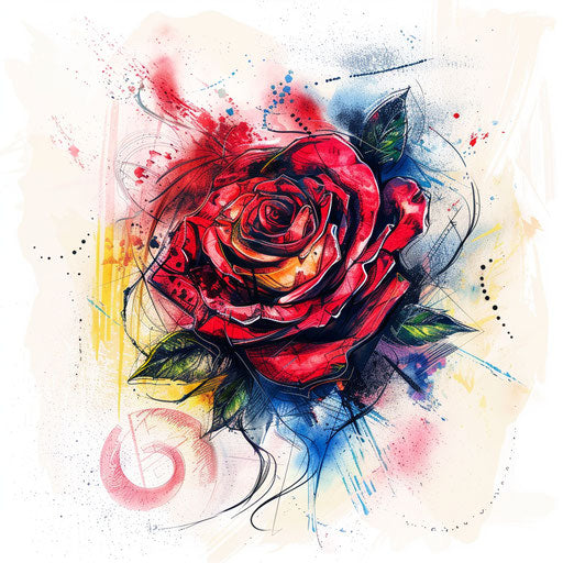 Expressive tattoo sketch of a red rose with abstract expressionist splashes and vibrant hues