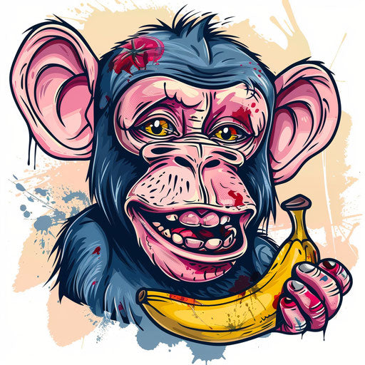Mischievous monkey with banana, colorful tattoo design on canvas