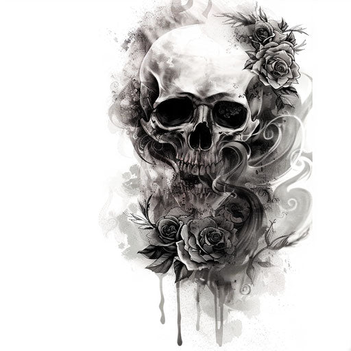 Black and gray gothic skull tattoo with mist and roses