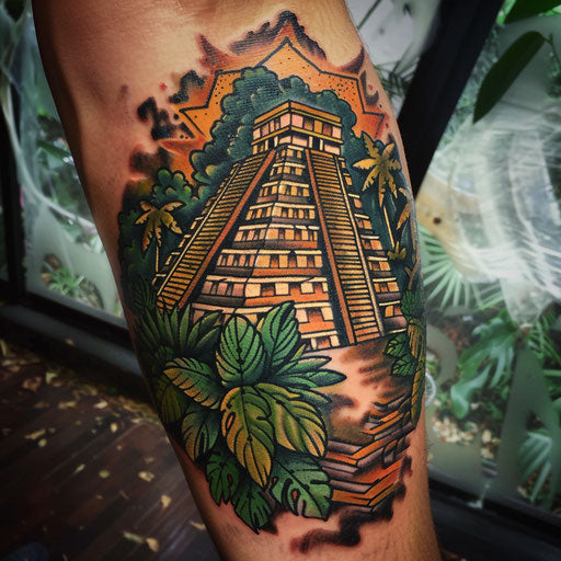 Traditional sketch of a Mayan pyramid in the jungle