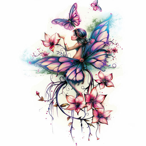Artwork of small fairy and flower tattoo, in luminous colors on white