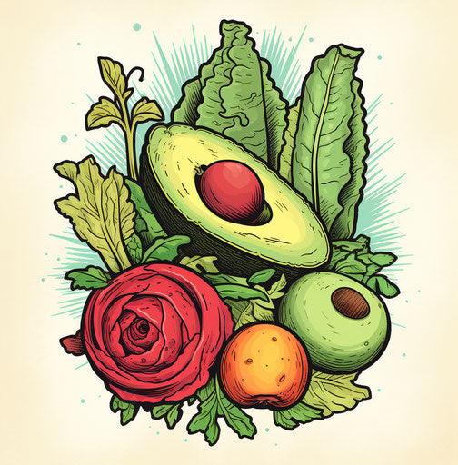 Vegetarian tattoo, nostalgic nature style, avocadopunk