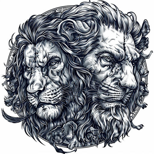Detailed flat tattoo sketch of Daniel in the lions' den