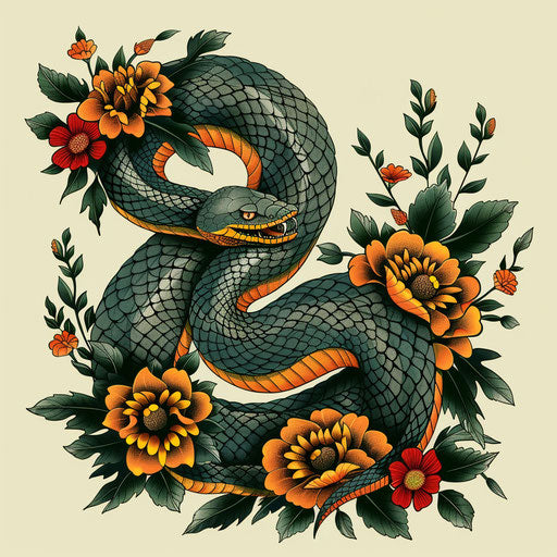 Elegant sketch of a coiled serpent, lush greens and golds