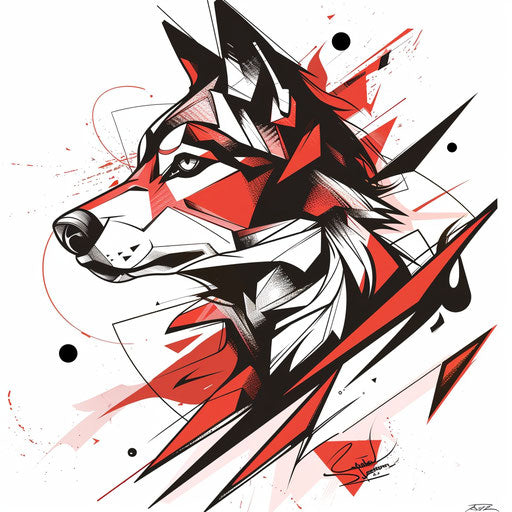 Bold tattoo sketch of a geometric wolf in red and black
