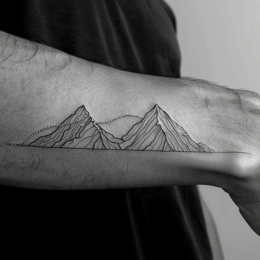 Bold flat tattoo sketch of a mountain landscape