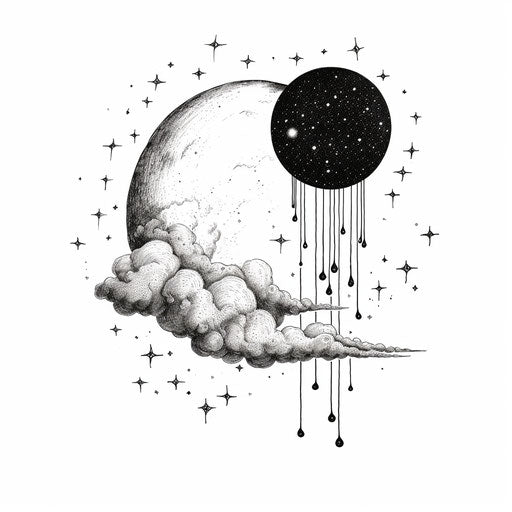 Cloud, moon, and clouds illustration in black and white