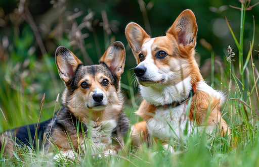Two corgi dogs sitting in the grass, light maroon and light amber style, dark navy and light green, masculine 17:11