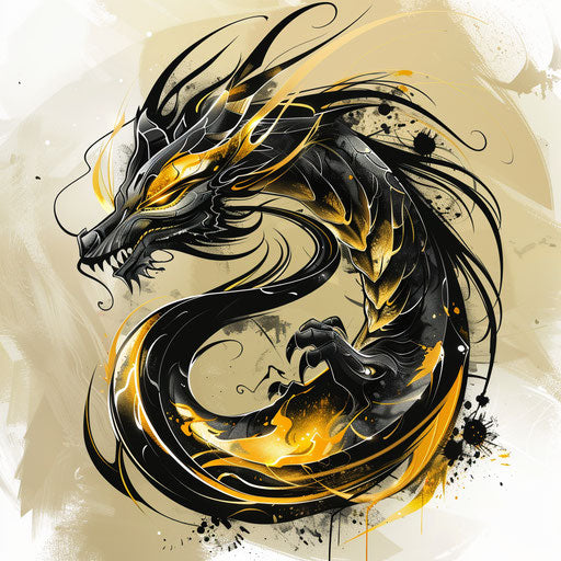 Tattoo sketch of a gold and black dragon in dynamic flat style