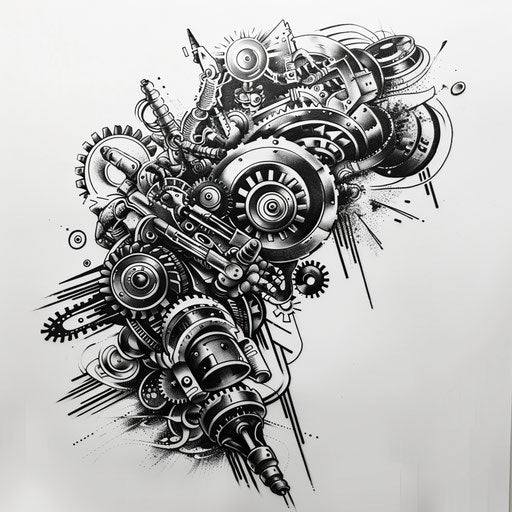 Retro-futuristic black tattoo, robots and gears, on white