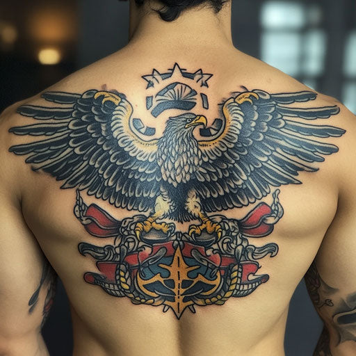 Tattoo wings on back with detailed eagle and nautical elements