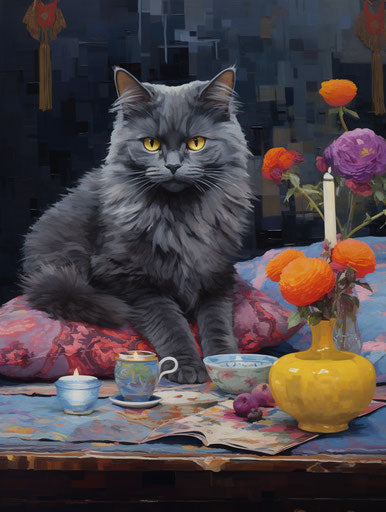 Gray cat on table, dark sky-blue and dark purple style