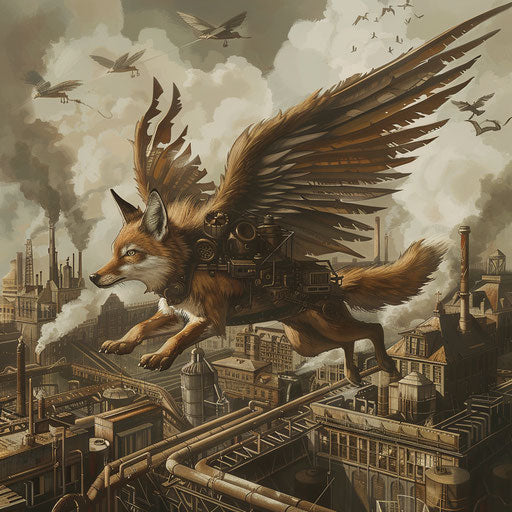 A steampunk coyote with mechanical wings flying over an industrial Victorian city