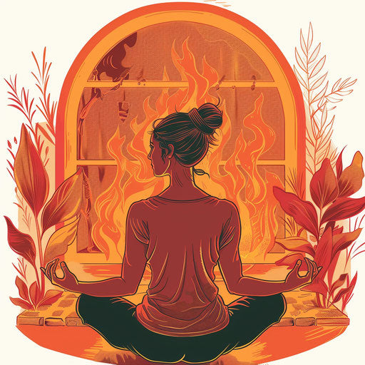 Cozy tattoo sketch of fireplace yoga scene