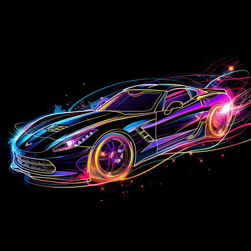 Exotic clipart style flat tattoo sketch of a sports car with neon highlights and abstract patterns