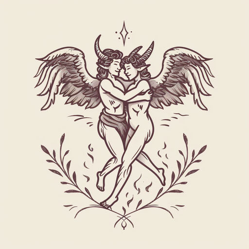 Elegant flat style tattoo sketch, angel and devil dancing