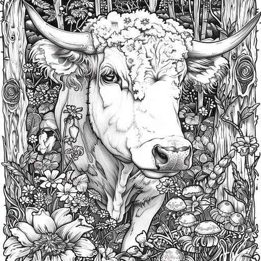 Cow in a lush and detailed forest